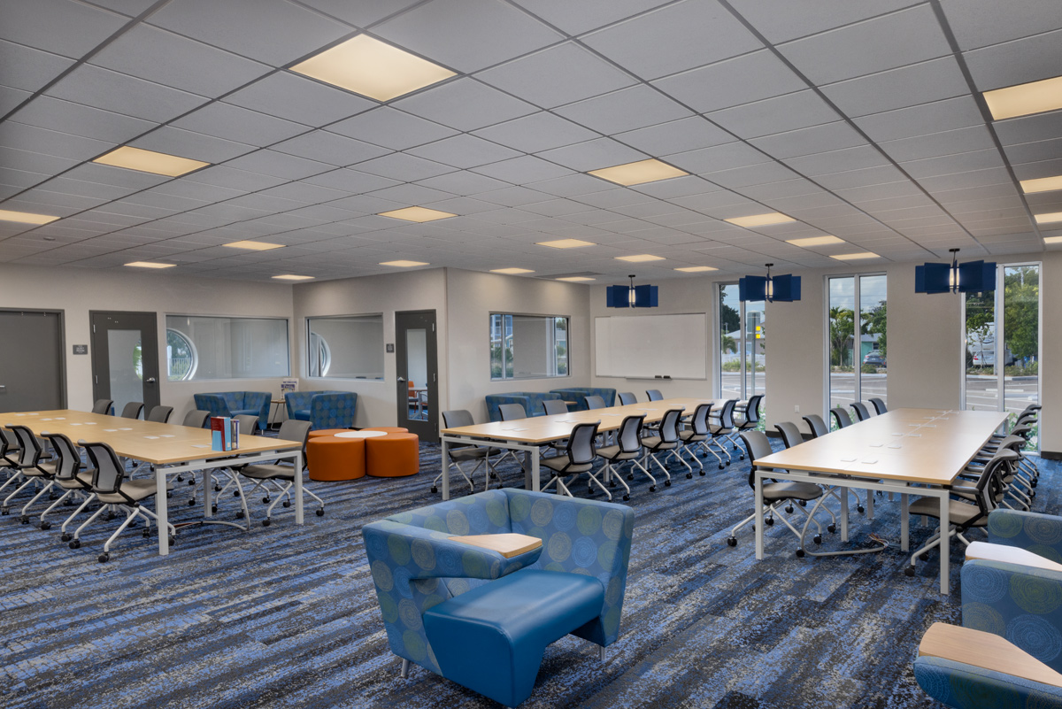 Interior design media room view at the College of the Florida Keys in Key Largo, FL.